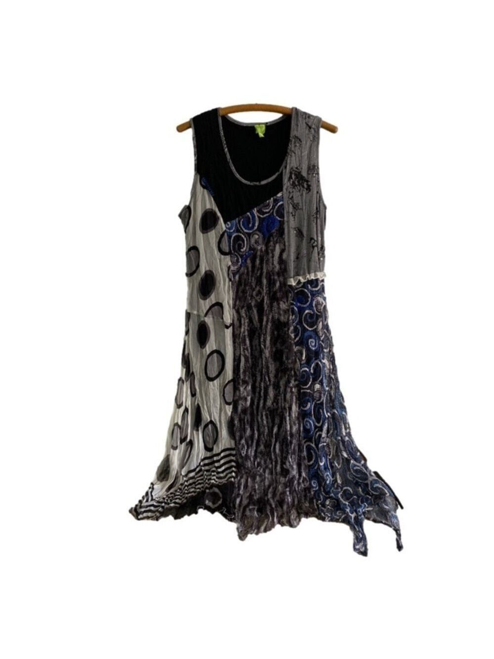 Adam Jacobs Dress Midi Round Neck Sleeveless Blue Black White Women’s Large